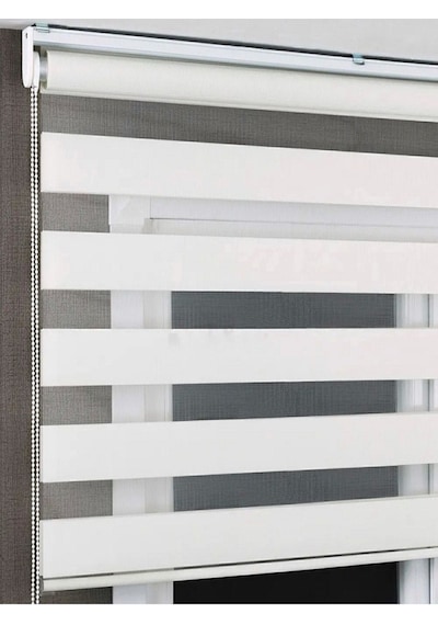 Beyaz Bambu Zebra Stor Perde Eteği Düz Aküminyum Kasa Metal Ayak Beyaz