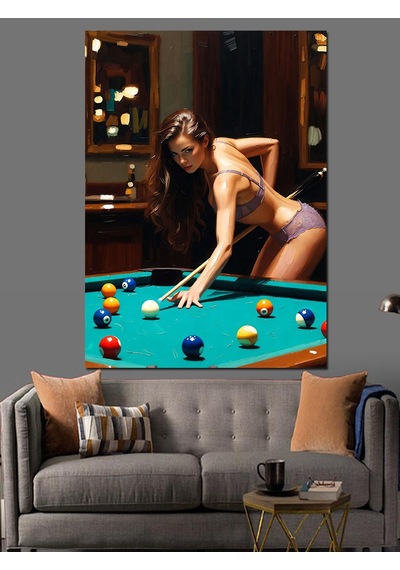 Ahşap Tablo Bilardo Oynayan Güzel Kadın