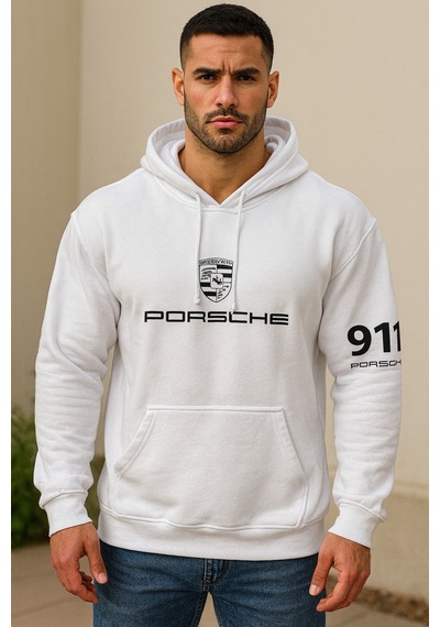 Hmo Store Unisex Porsche 911 Beyaz Hoodie Şık & Spor Kapüşonlu Beyaz