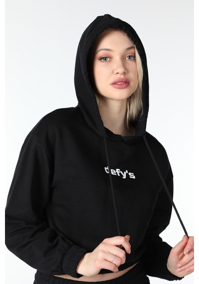 Defys Kadın Baskılı Kapüşonlu Crop Sweat Siyah - 497134715 Siyah