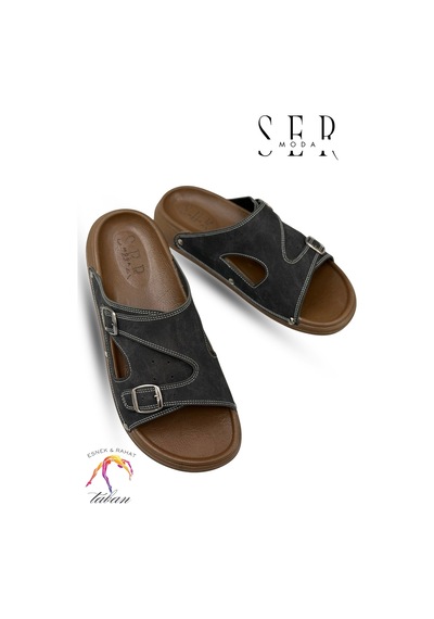 Sermoda Erkek Terlik - Çift Toka Ayarlanabilir Esnek Taban Deri Erkek Terlik T Siyah
