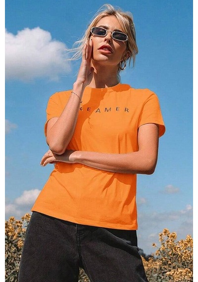 Unisex Dreamer Baskılı Oversize Tshirt Turuncu