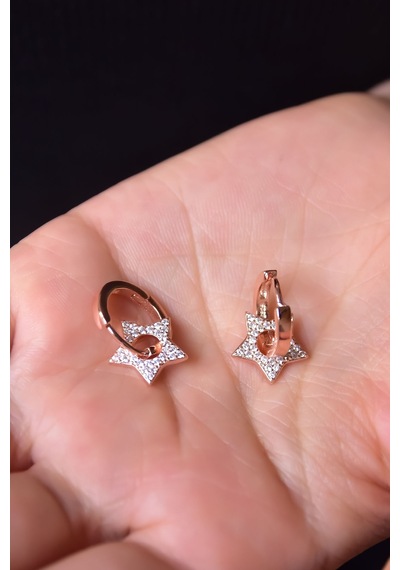Papatya Silver 925 Ayar Gümüş Rose Kaplama Zirkon Taşlı Yıldız Küpe