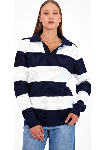 Cool Tarz Kadın Çizgili Şeritli Comfort V Polo Yaka Triko Lacivert Lacivert