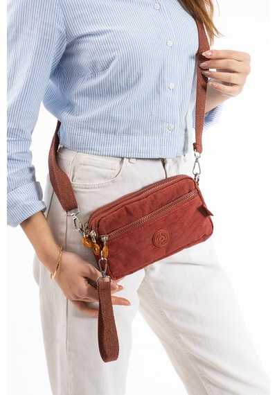 Nemo Bags Kiremit Unisex Cüzdan, 4 Gözlü, Telefonluk, Crinkle Kumaş, Çapraz Askılı Omuz Çantası, 20x12cm Kiremit