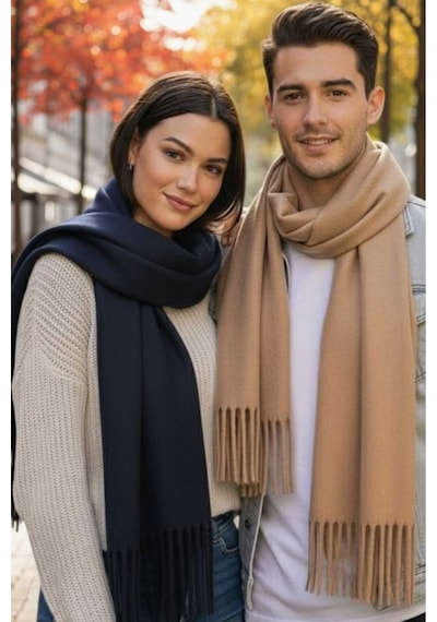 Tezzgelsin Unisex Yumuşak Dokulu Püsküllü Kışlık Buklet Atkı Şal 2'li Set Lacivert - Bej