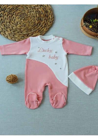 Veraura Lifestyle 0-3 3-6 Ay Lucky Baby Nakışlı Es Çizgi Boy Şapkalı Kız Bebek Tulumu Pudra