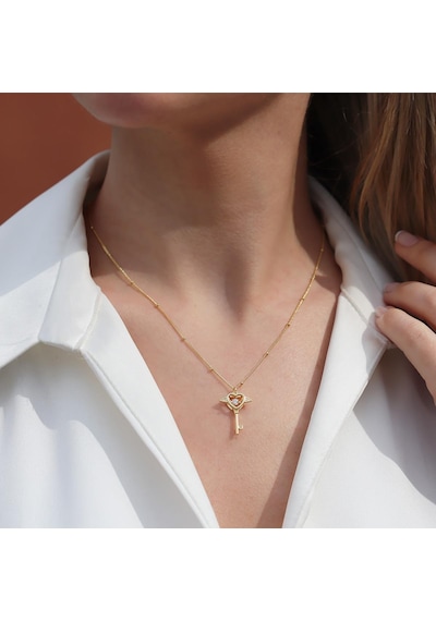 Kalp Kanatlı Kilit Gold Kaplama Gümüş Kolye Gümüş