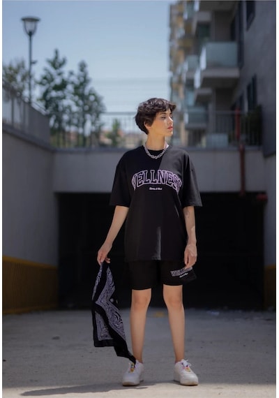 Welness T-shirt Şort - Siyah Alt Üst Kombin Şort Tişört Takım Baskılı Oversize Bisiklet Yaka Siyah