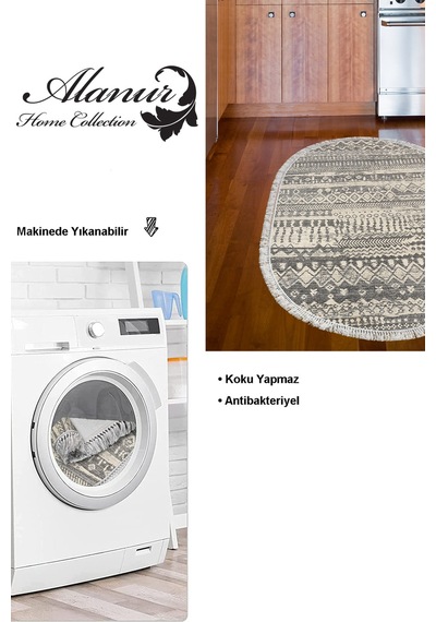 Dekoreko Kaymaz Taban Djt Mutfak Halısı Trend Saçaklı Oval Iskandinav F5080 gri