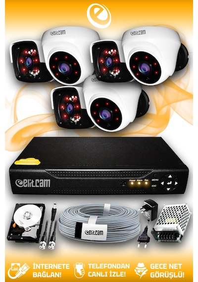 Elitcam 6 Kameralı Panda 3 İç Kamera Set 1 TB HDD Full HD Gece Görüşlü Güvenlik Kamerası Sistemi