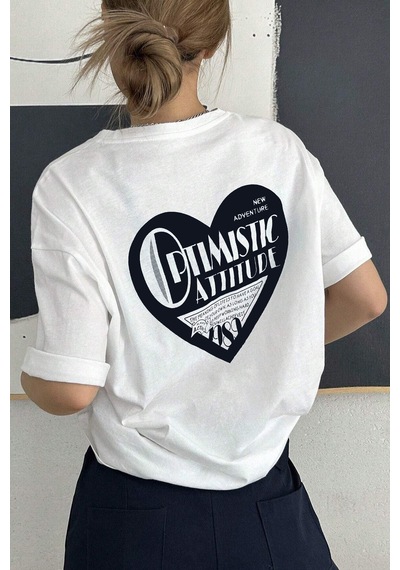Unisex Optimistic Baskılı Tasarım Tshirt Beyaz