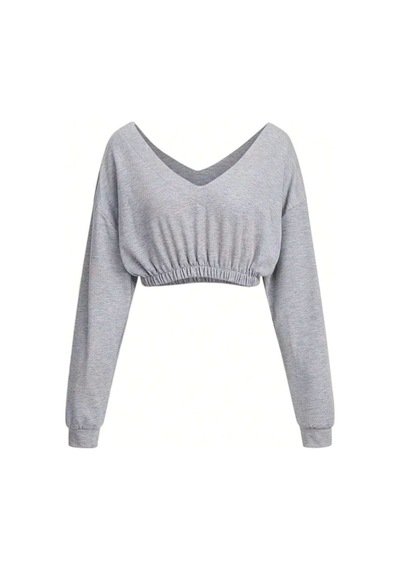 Tarz Cool Kadın Omuz Dekolteli Lastikli Crop Sweatshirt %100 Pamuk Gri