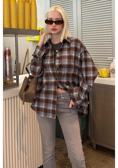 Madmext Bebe Mavisi Oversize Ekose Desenli Kadın Gömlek Mg2589 Bebe Mavisi