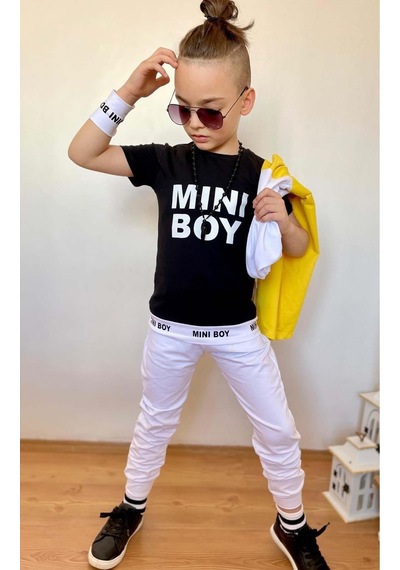Riccotarz Erkek Çocuk Mini Boy Yazı Ve Şerit Detaylı T-shirt Kolsuz Sarı Yelek Eşofman Takım Buz Mavi