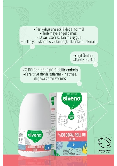 Siveno %100 Doğal Roll-on Teen Girl Genç Kız Deodorant Ter Kokusu Önleyici Bitkisel Lekesiz 50 Ml X 2 Adet