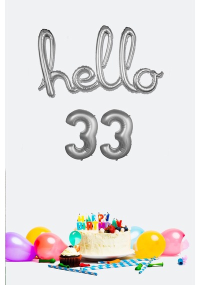 33 Yaş Doğum Günü Balonları - Hello 33 El Yazısı Gümüş Renk Folyo Balon Gümüş