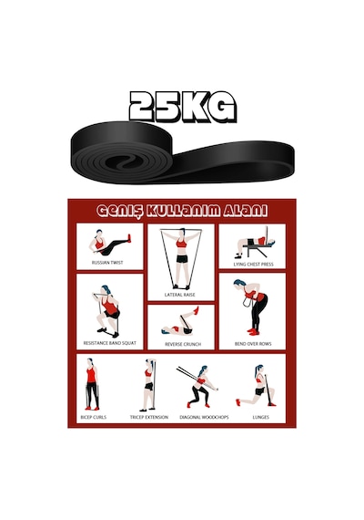 25 Kg Direnç Bandı Kas Geliştirme Lastiği Fitness Pilates Cross Training Bant Siyah - Sert Siyah