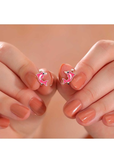 Gümüş Pembe Yunus Balığı Çocuk Küpesi 14 MM-Gümüş