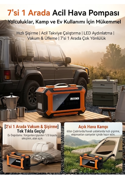 Steiner 36v Şarjlı 20.000mah Araç Akü Takviye Cihazı 150 Psı Işıklı Dijital Ekranlı Lastik Şişirme Hava Kompresörü 7 İn 1 Çantalı