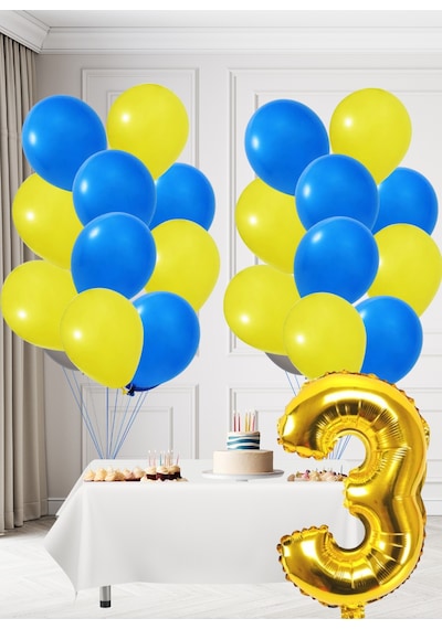 3 Yaş Sarı Lacivert Taraftar Temalı Doğum Günü Seti Sarı Lacivert Balonlar Altın Folyo Rakam Sarı