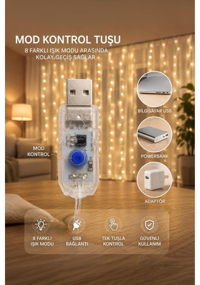 Perde Led Işık 300 Led 10 Sarkıt 8 Modlu Uzaktan Kumandalı 3x3 Metre Peri Telli Lw7 Sarı