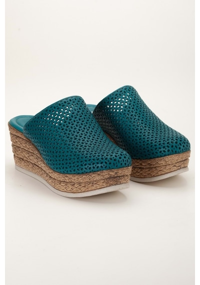 Analin Shoes Kadın Hakiki Deri Burnu Kapalı Dolgu Topuk Terlik Ocean Depths