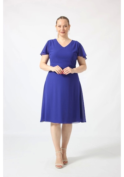 Moda Berray 3297 Saks Kolu Fırfırlı Bele Oturan Astarlı Şifon Elbise Saks Saks Mavi