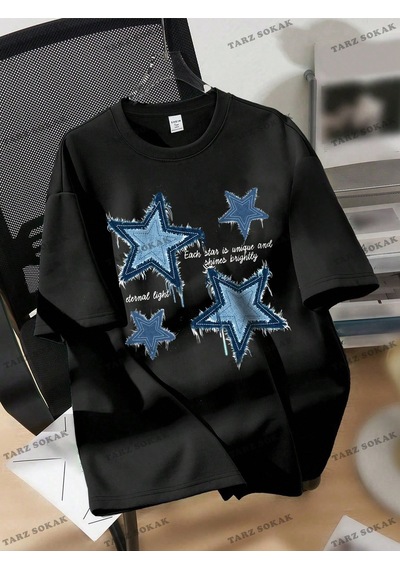 Flood Of Style Yıldız Baskılı Oversize Kalıp Unisex T-shirt Siyah