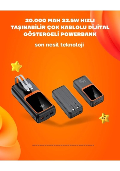 Powerbank 20000 Mah 22.5w Hızlı Şarj, Dahili Kablolu, Lcd Ekranlı Şarj Cihazı Siyah 69090071