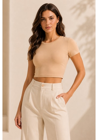 Loule Kadın 2'li Bisiklet Yaka Kısa Kollu Crop Top Kahverengi-bej Çok Renkli