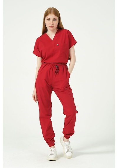 Kırmızı Likralı Scrubs Jogger Paça Doktor Hemşire Forması Yarasa Kol Takım Unisex