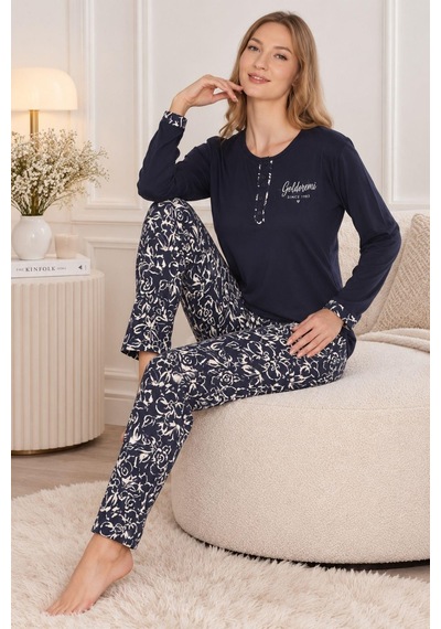 Gd Goldoremi Kadın Desenli Mevsimlik Rahat Kalıp Uzun Kollu Pijama Takım Lacivert