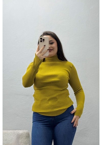 Belendir Kadın Dik Yaka Parmak Geçmeli Triko Body Yağyeşili Yeşil