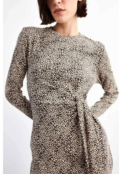 Defacto Leopar Desenli Twill Uzun Kollu Midi Elbise G0737ax25smbk81 Siyah
