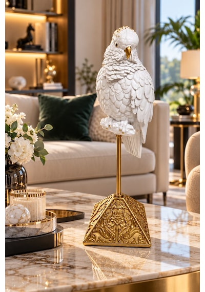 Beyaz Gold Papağan Biblo 55 Cm Dekoratif Salon Ve Ofis Aksesuarı