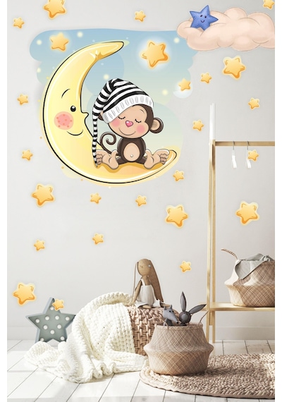 MSticker Ayda Oturan Maymun Bulut Ve Yıldızlar Çocuk Bebek Odası Sticker Seti