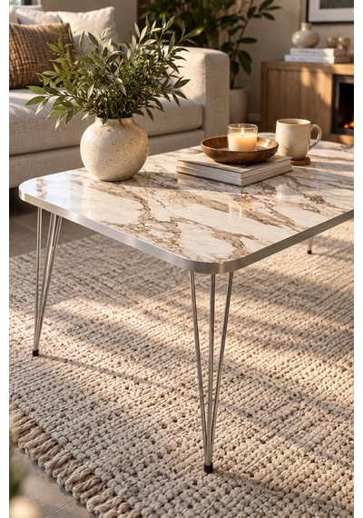 Sulorahome Gümüş Tel Ayaklı Mermer Desenli Beyaz Orta Sehpa 90x50 Cm Beyaz Mermer
