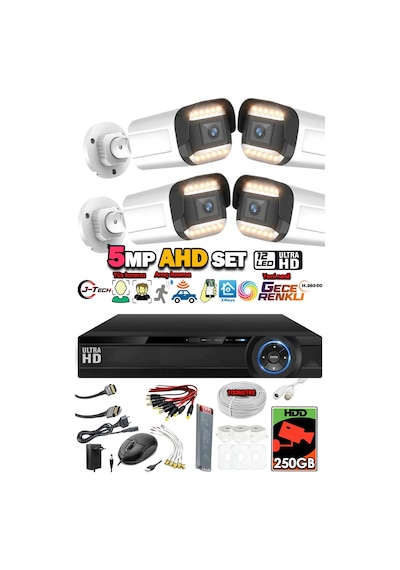 J-tech 5mp 7070 Renkli Gece Görüşlü 4 Lü Akıllı Güvenlik Kamera Seti Yüz Ve Araç Tanıma