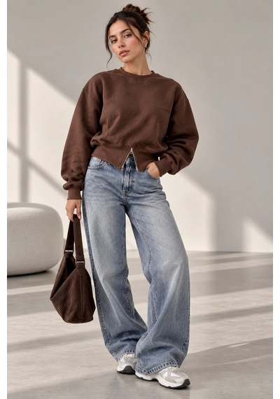 Bbbutikbasic Fermuar Detaylı Şardonlu 3 İplik Kadın Sweatshirt My3535 Kahverengi