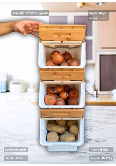 3 Lü Tekerlekli Sebzelik Patates Soğan Sepeti Soğanlık Organizer Kutu Bambu Beyaz Desen 36 Lt Bambu-beyaz