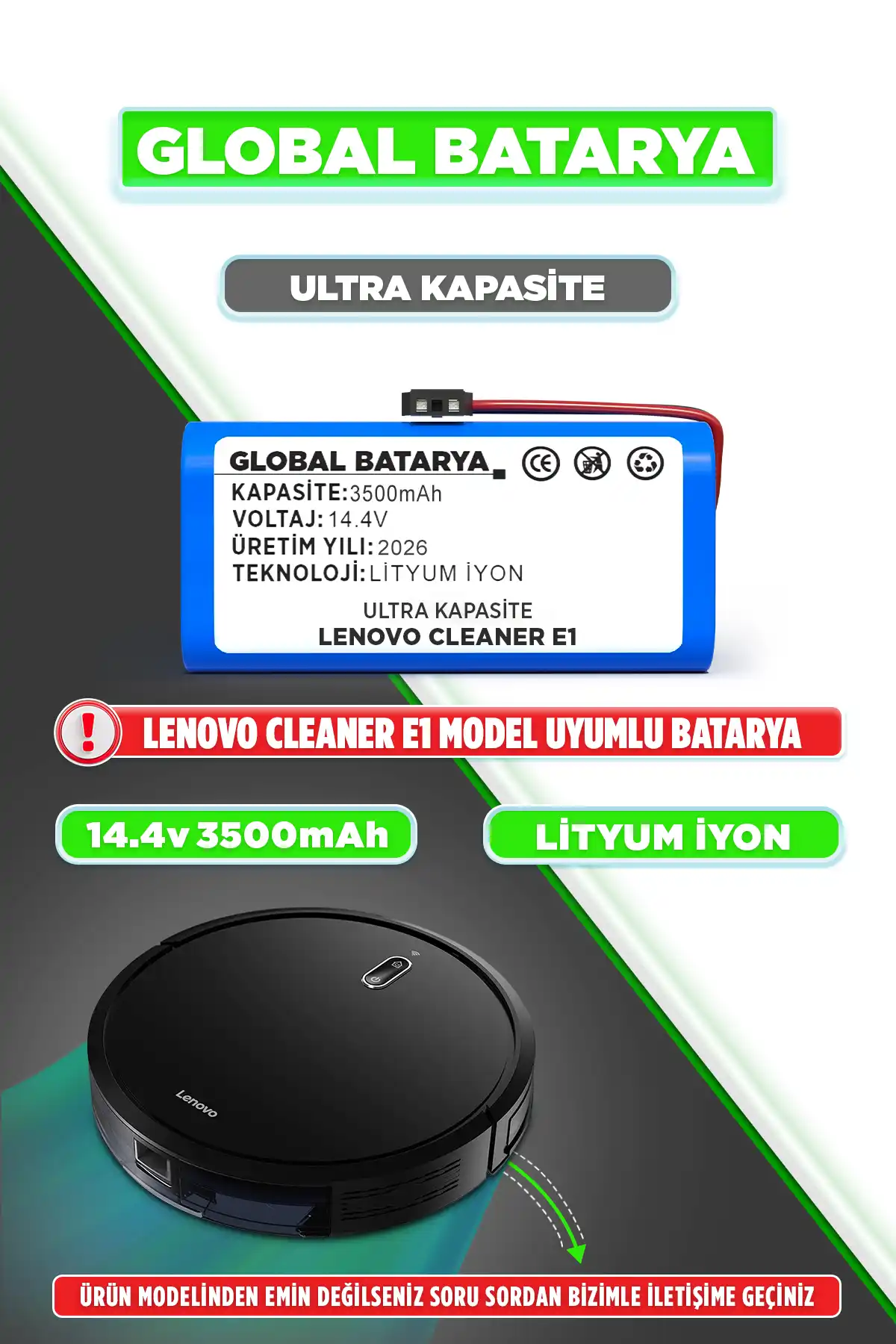 Lenovo Robot Vacuum Cleaner E1 Uyumlu Robot Süpürge Bataryası 14.4v 3500mah Pil Ultra Kapasite