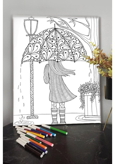 Şemsiyeli Kadın 40x30cm Çocuklar Için Özel Boyanabilir Tablo Tuval Mandala 12 Kalem Hediyesi Yoktur.