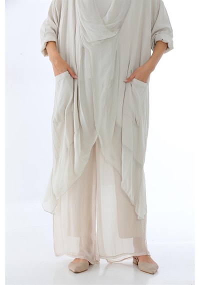 Bohem Stil Italyan Ipek Detaylı Oversize Kap Bluz- Wes Pantolon Takım-8789 Bej