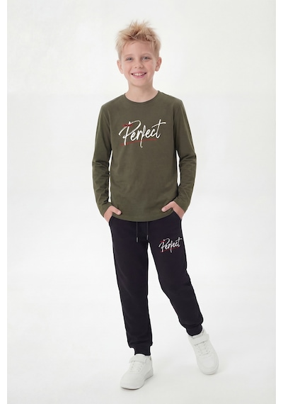 Panios Kids Yuvarlak Yaka Sweatshirt Paça Lastikli Eşofman Alt Baskılı Uzun Kollu Erkek Çocuk Alt Üst Takım Haki