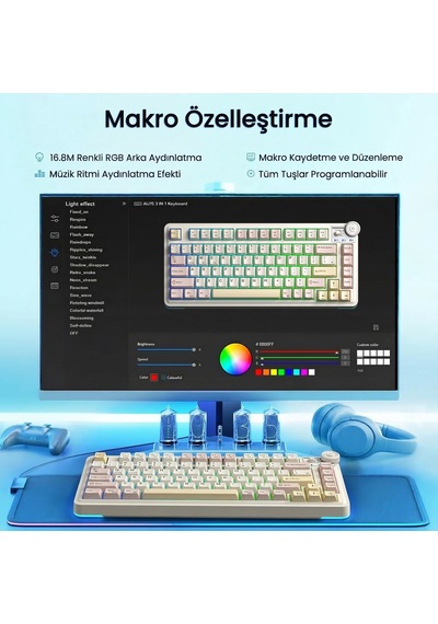Aula Au75 3 Modlu Rgb Hot Swap Mekanik Tkl Bloomfield Switch Kablosuz Makrolu Klavye Krem