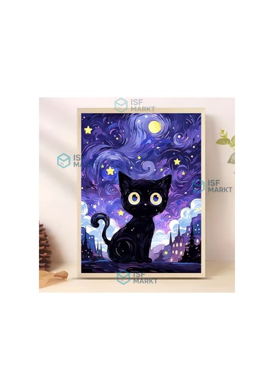 5d Dıy Elmas Boyama Seti - Mor Gece Gök Altında Siyah Kedi 30x40 Cm Yuvarlak Elmaslı, Çerçevesiz