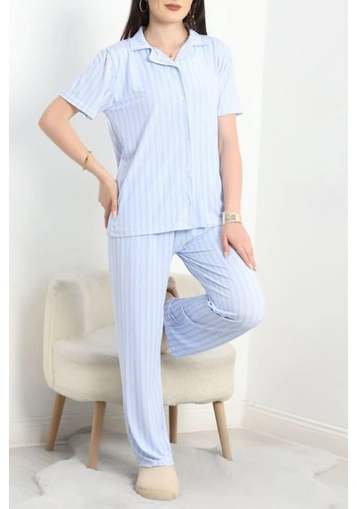 Seka Store Seka Milan Kumaş Düğmeli Pijama Takımı Maviçizgili - 750.1287. Çok Renkli