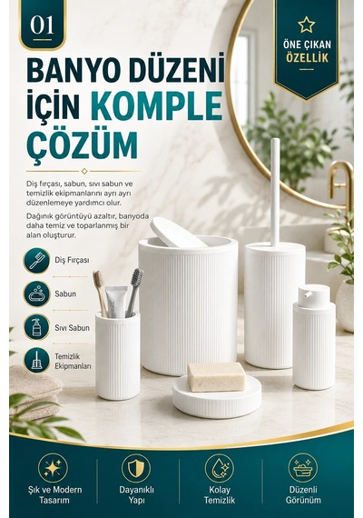 Çizgili Desenli Beyaz 5 Parça Banyo Seti Sıvı Sabunluk Sabunluk Ve Diş Fırçalık