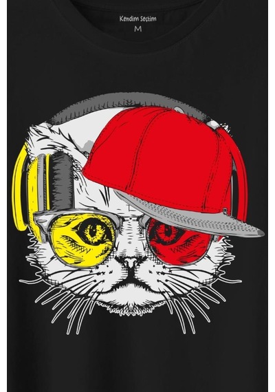 Cat Glasses Gözlüklü Sarı Kırmızı Kırmızı Kedi Baskılı Tişört Unisex T-shirt 001